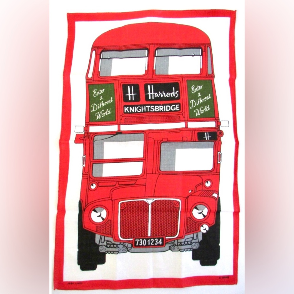 NEW NOS HARRODS England Red Double Decker Bus Linen Tea Towel by Ulster Ireland